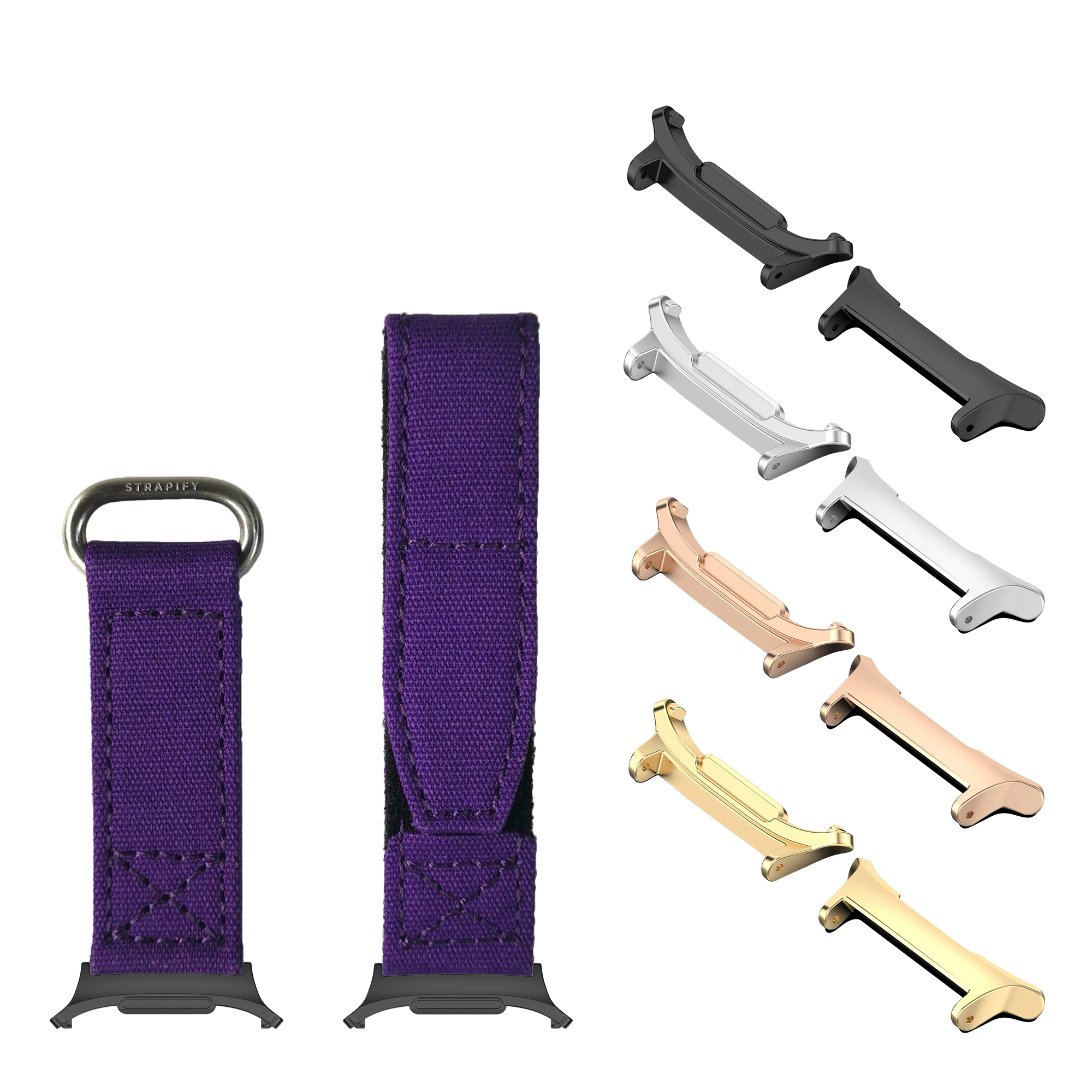 Purple military velcro watch straps with metal hardware in multiple finishes and size options