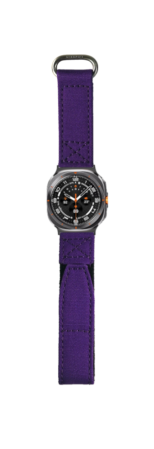 Men's sports watch with black dial and orange accents on purple military velcro band