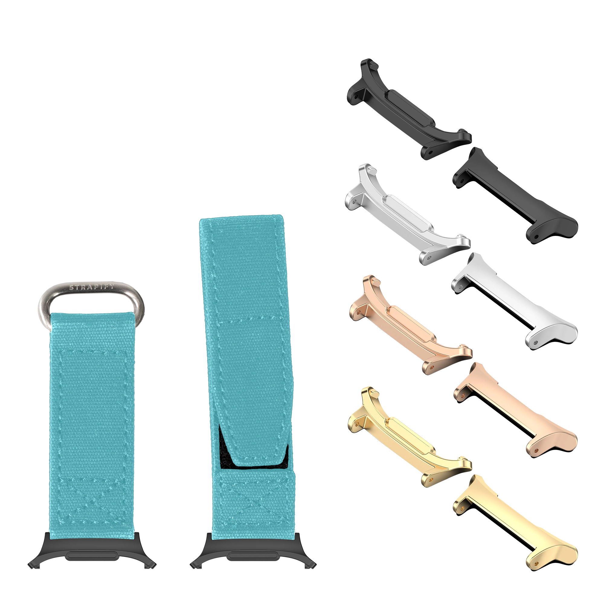 Turquoise velcro watch bands with metal hardware in multiple finishes including black, silver, rose gold and gold color options displayed with matching bracket attachments