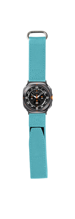 Turquoise Velcro watch band for Galaxy Watch with black sports dial and orange accents