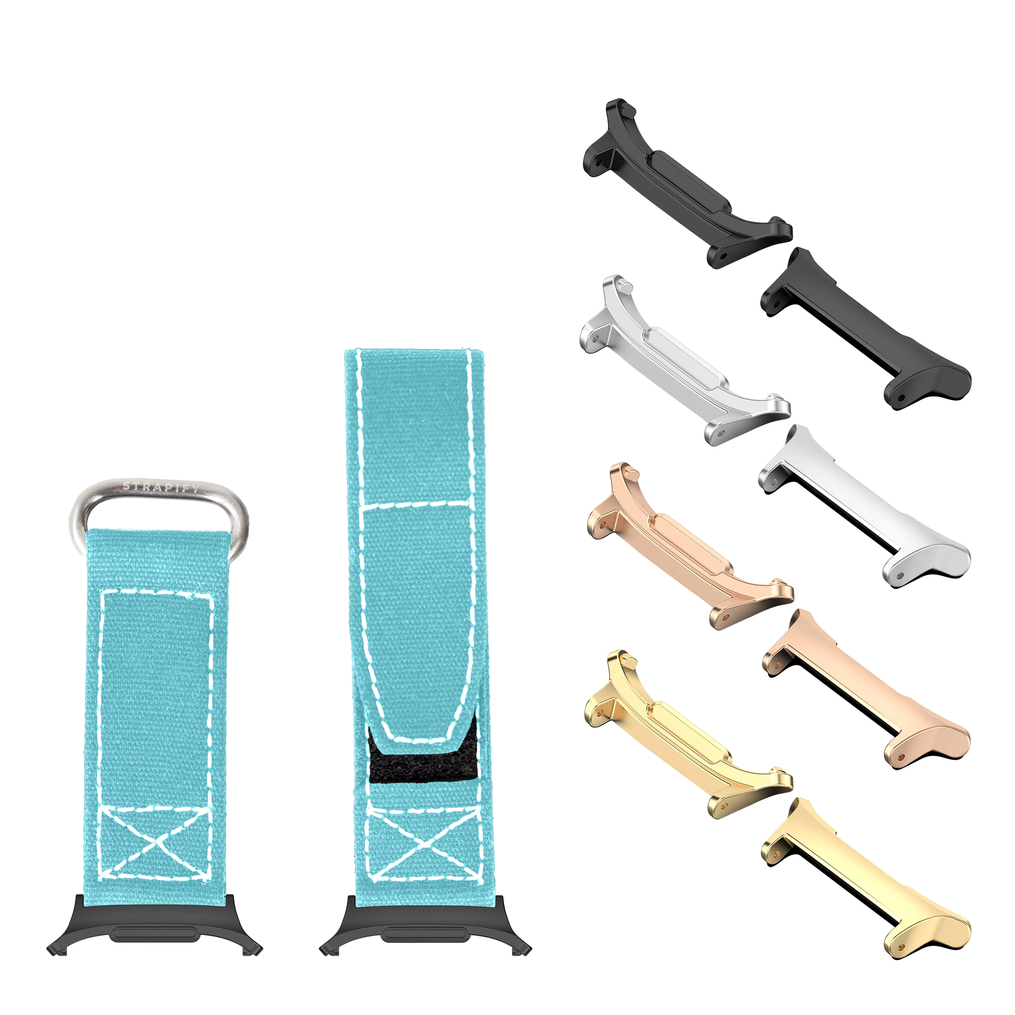 Military velcro watch bands in sky blue with white stitching, interchangeable metal hardware in black, silver, rose gold and gold finishes for Galaxy Watch 8 and Ultra