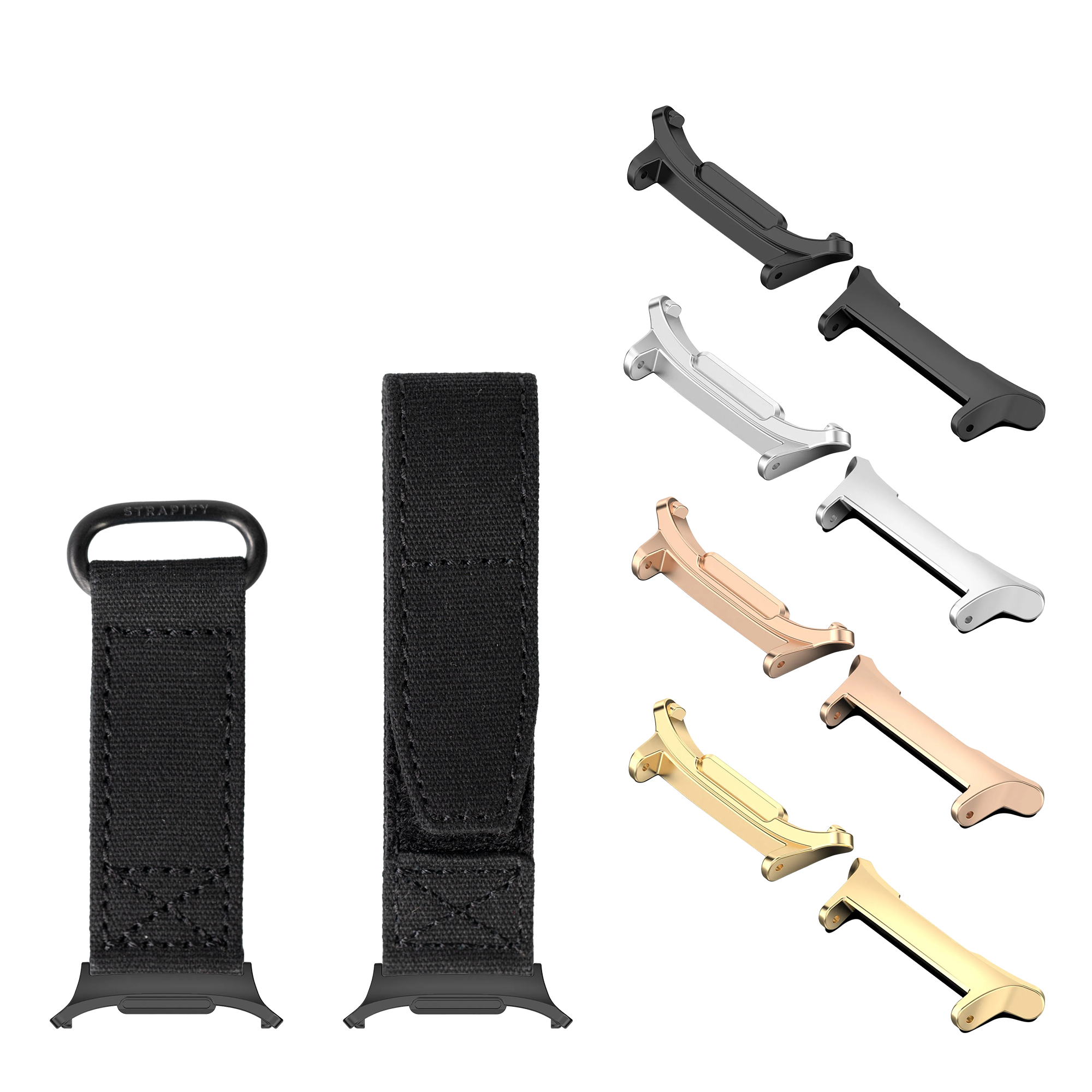 Military velcro watch straps in multiple colors including black, white, rose gold, and gold with matching hardware and fasteners