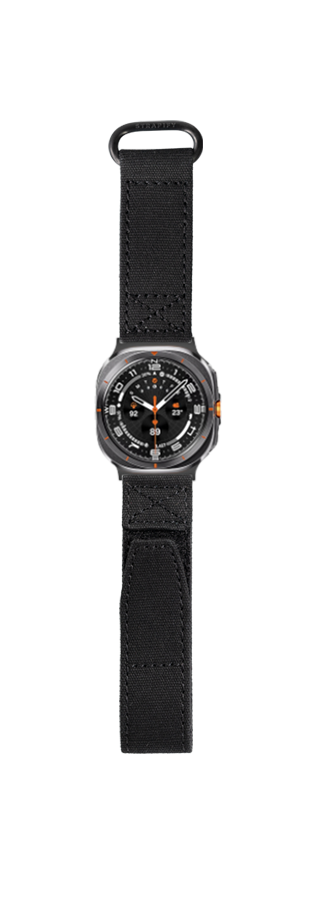 Military-style smartwatch with stealth black Velcro strap and orange accents, featuring rotating bezel and digital display