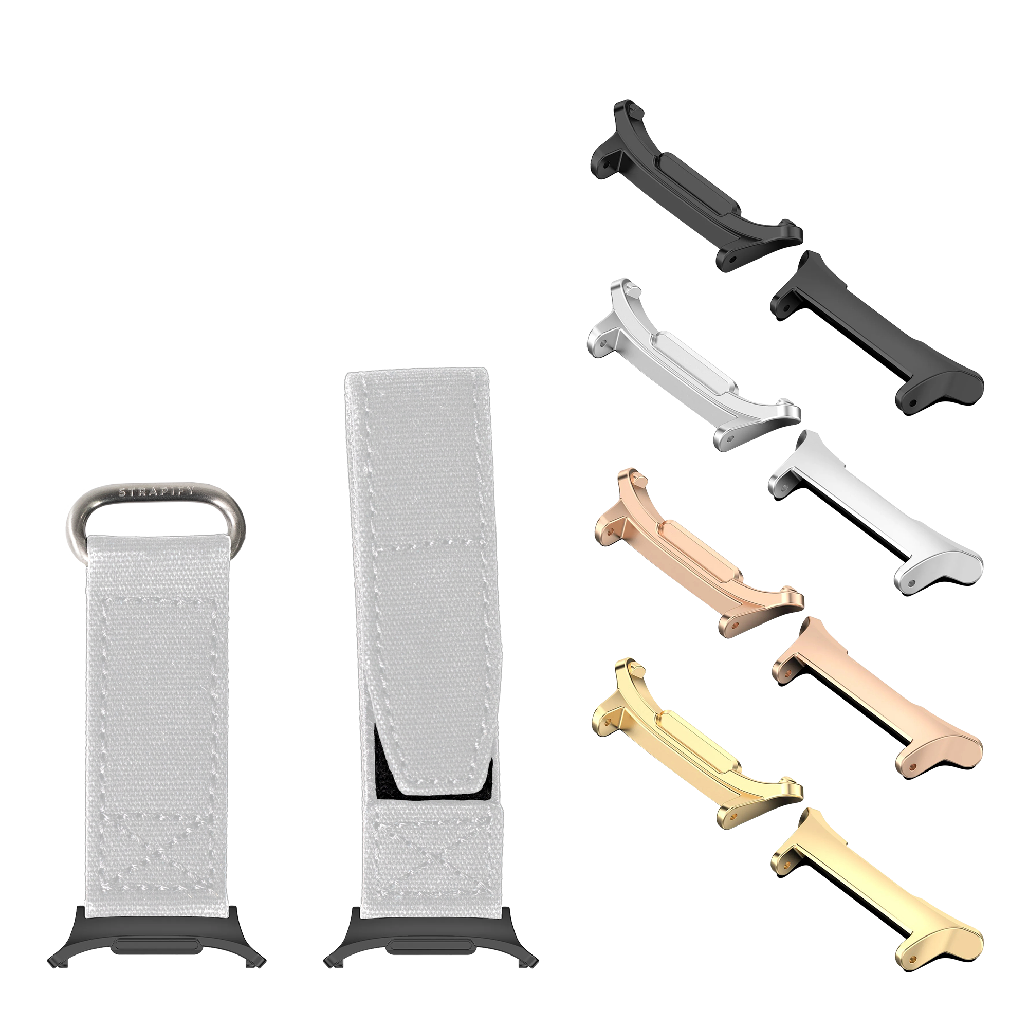 Military Velcro watch band for Galaxy Watch 8 Ultra in white with interchangeable metal hardware in multiple finishes