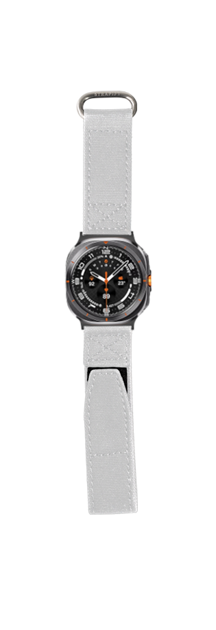 Galaxy Watch 8 Ultra smartwatch with military-style white velcro strap and black dial featuring orange accents