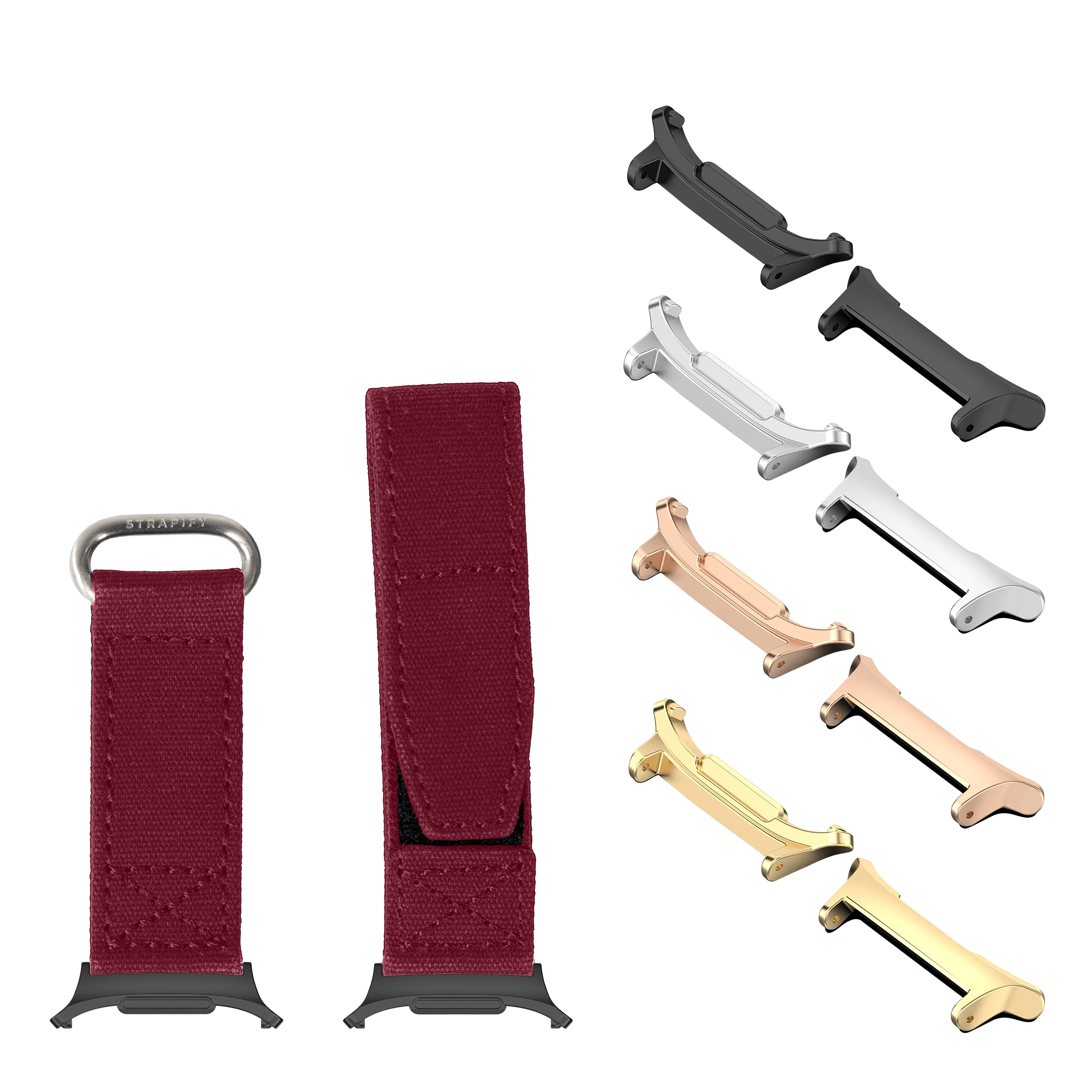 Military velcro watch straps in wine red with interchangeable metal hardware in multiple finishes for Galaxy Watch 8 Ultra