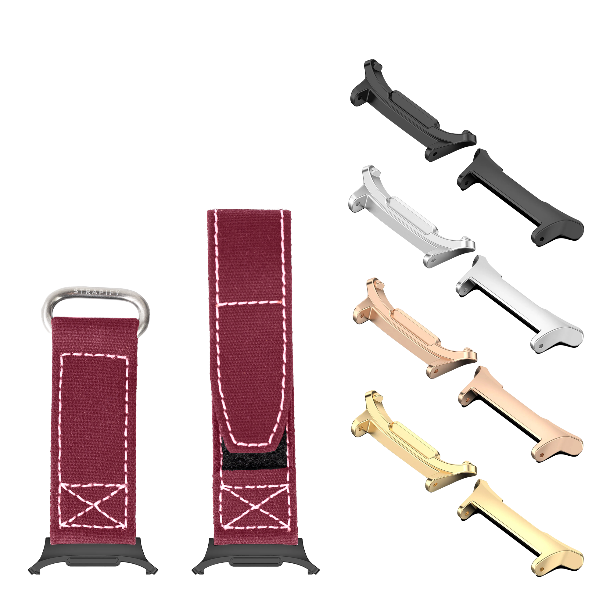 Military velcro watch strap wine red with white stitching shown with multiple metal hardware options in black, silver, rose gold and gold finishes