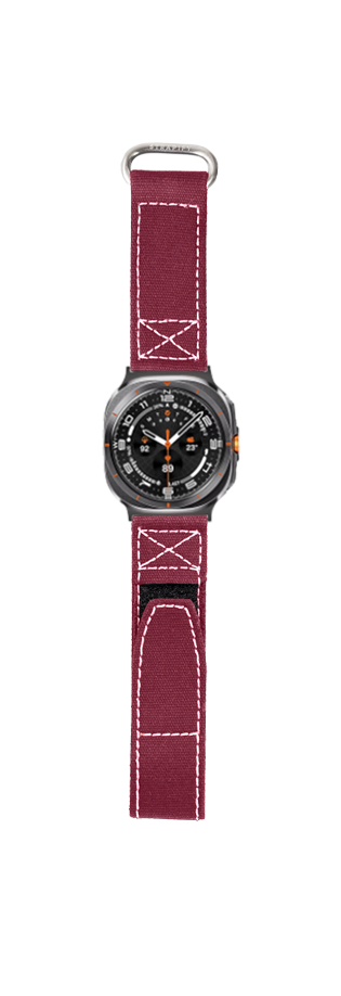 Galaxy Watch 8 Ultra military Velcro strap wine red with white stitching and gray case