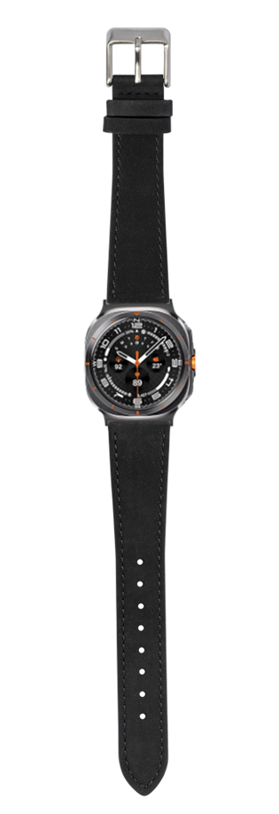 Black nubuck leather watch band with stainless steel buckle and sport watch face featuring orange accents