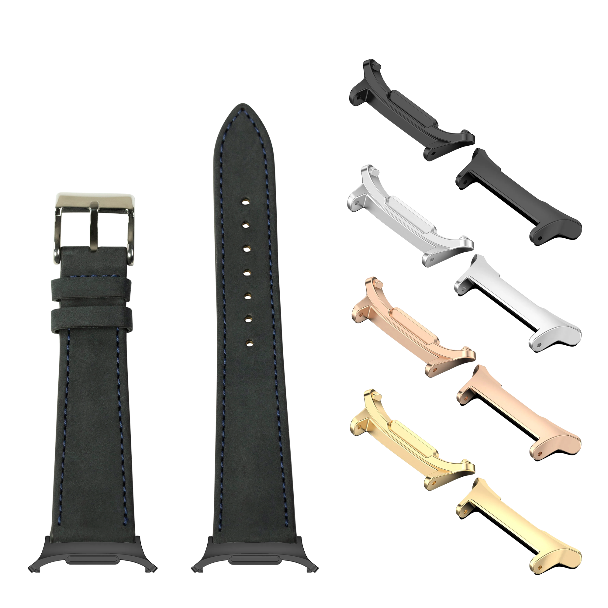 Black nubuck leather watch band with navy stitching, metal buckle, and interchangeable lugs in silver, rose gold, and gold finishes