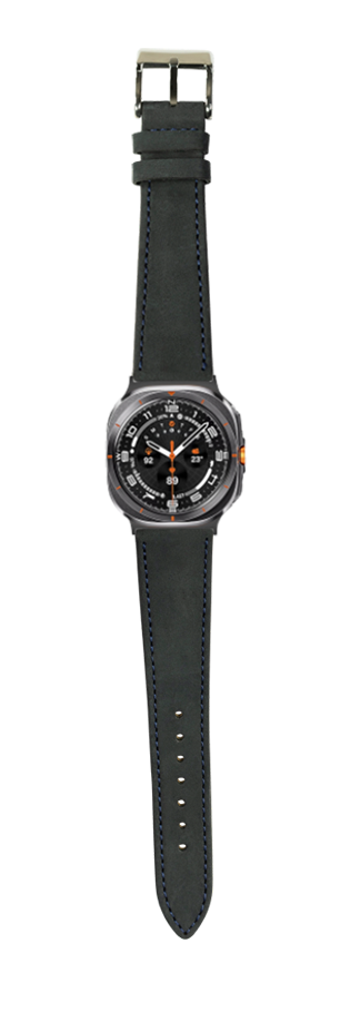 Black nubuck leather watch band with navy stitching for Galaxy Watch 8 Ultra, featuring metal buckle