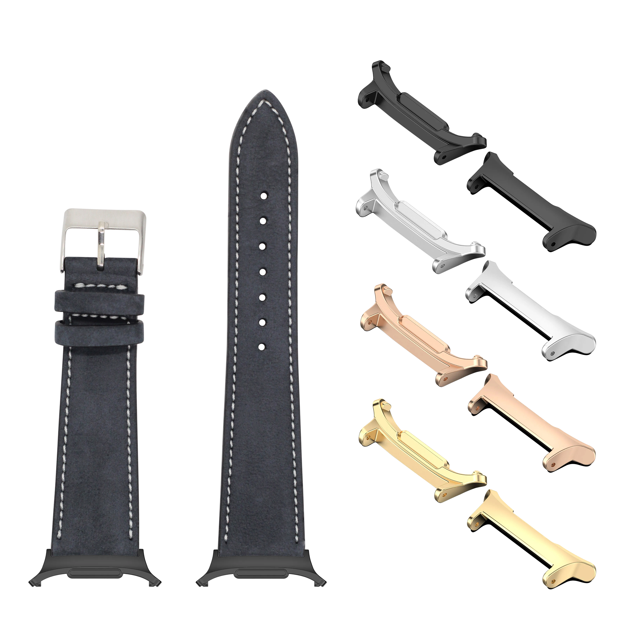 Galaxy Watch interchangeable leather bands and metal adapters in black nubuck, silver, rose gold, and gold finishes