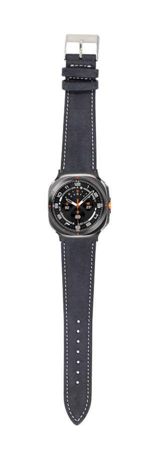 Black nubuck leather smartwatch band with white stitching and metal buckle for Galaxy Watch 8 Ultra