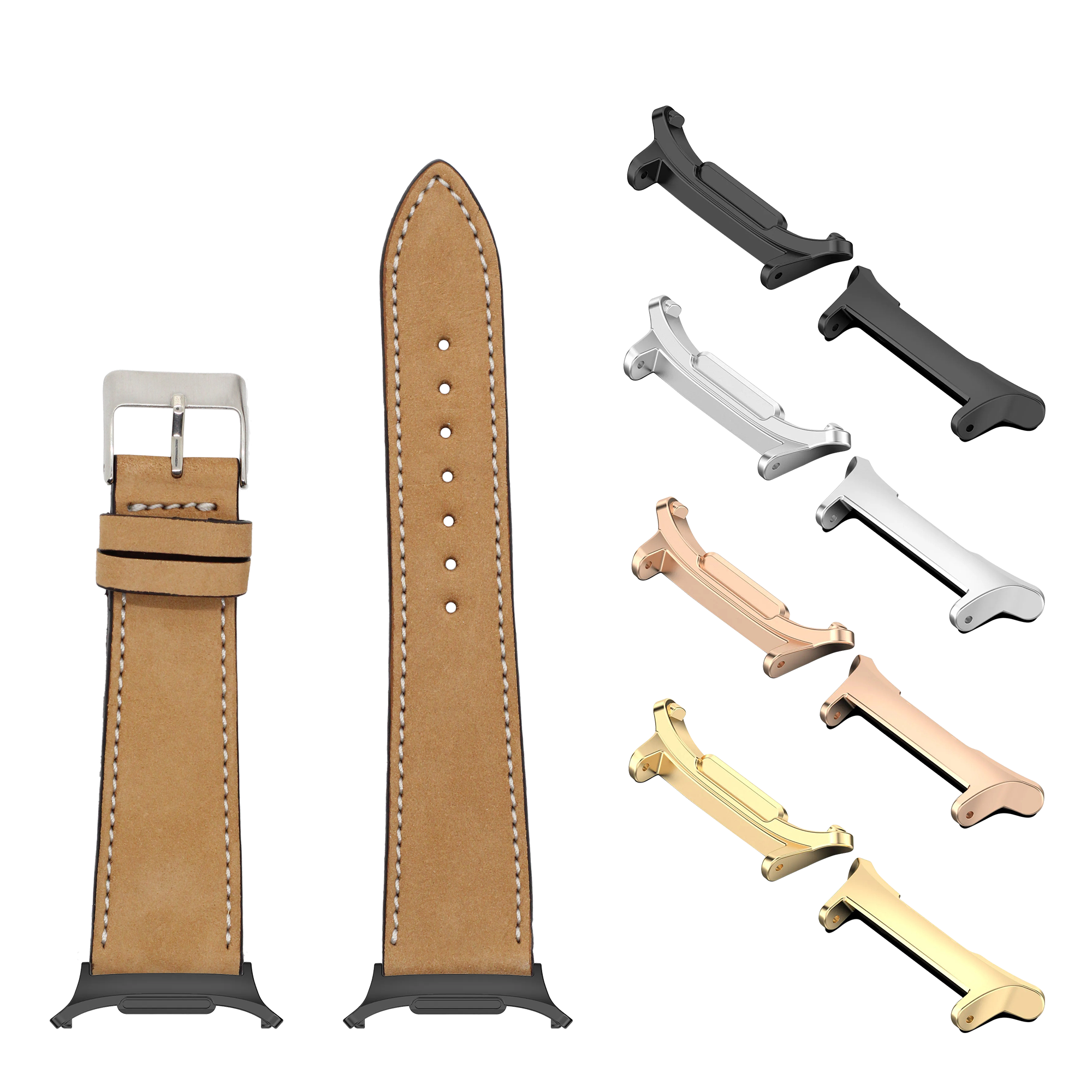 Brown nubuck leather watch band with white stitching, stainless steel buckle, and interchangeable metal connectors in black, silver, rose gold and gold finishes