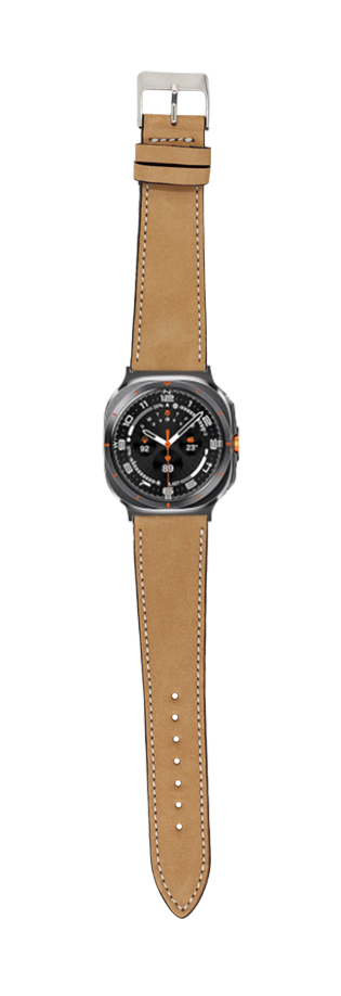 Men's smartwatch with tan nubuck leather strap, white stitching, black dial and silver buckle