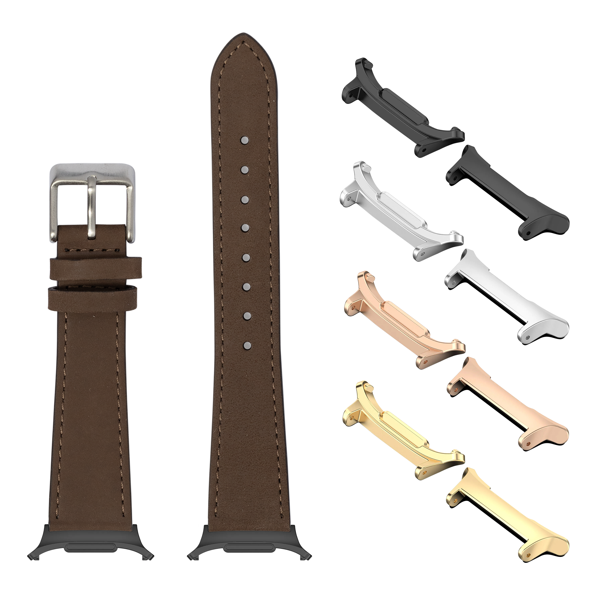 Brown nubuck leather smartwatch band with silver buckle and interchangeable metal connectors in silver, black, rose gold and gold finishes