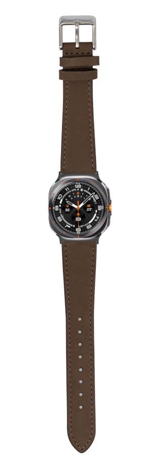 Galaxy Watch 8 Ultra with coffee brown nubuck leather band, white stitching, and black dial with orange accents