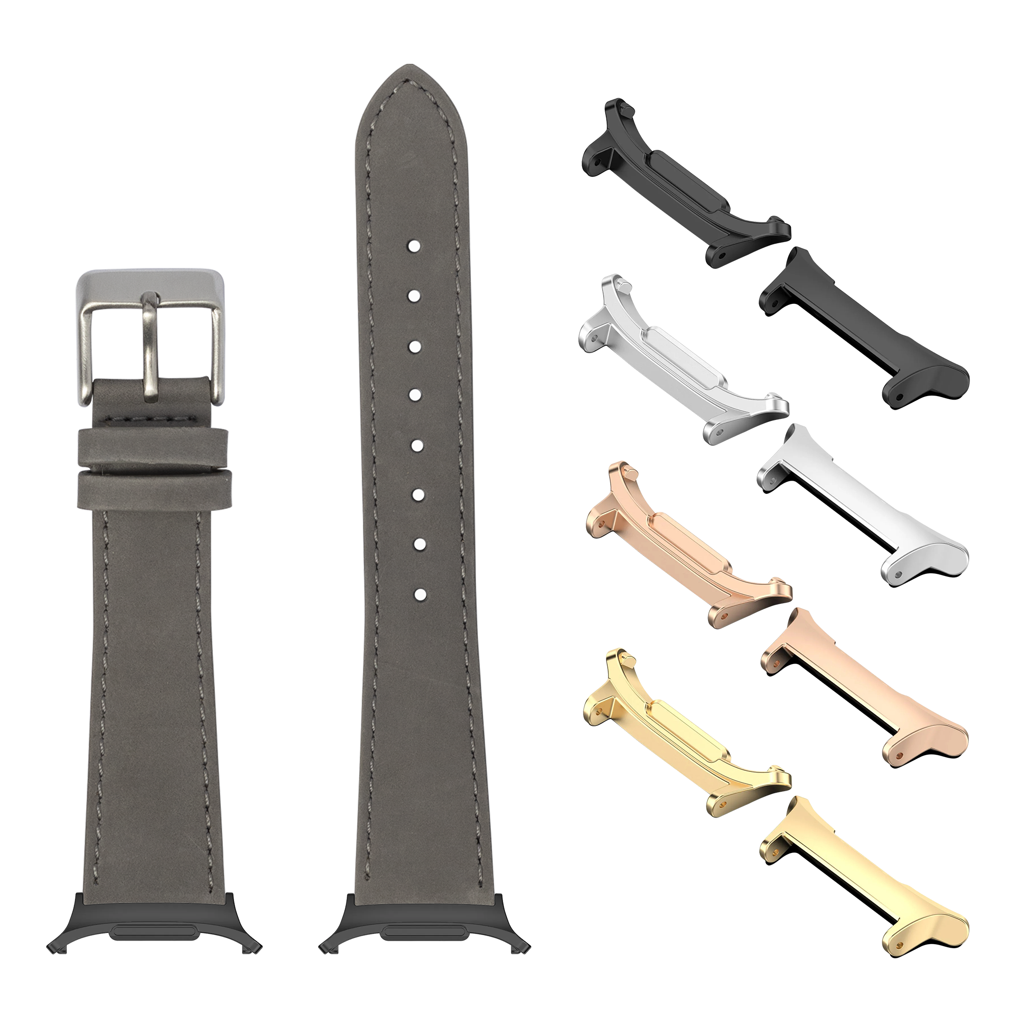 Grey nubuck leather watch band with silver buckle and interchangeable metal lugs in black, silver, rose gold, and gold finishes