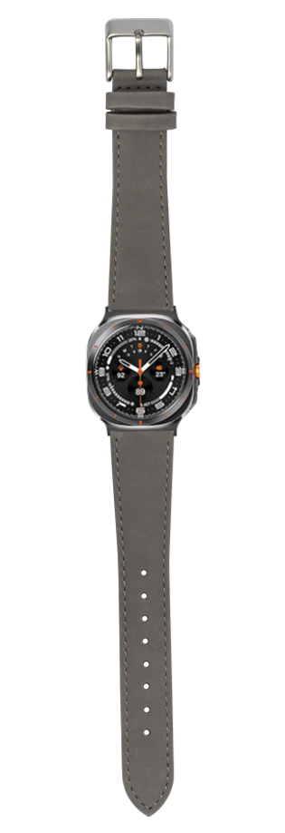 Grey nubuck leather watch band with grey dial smartwatch, stainless steel buckle, orange accents