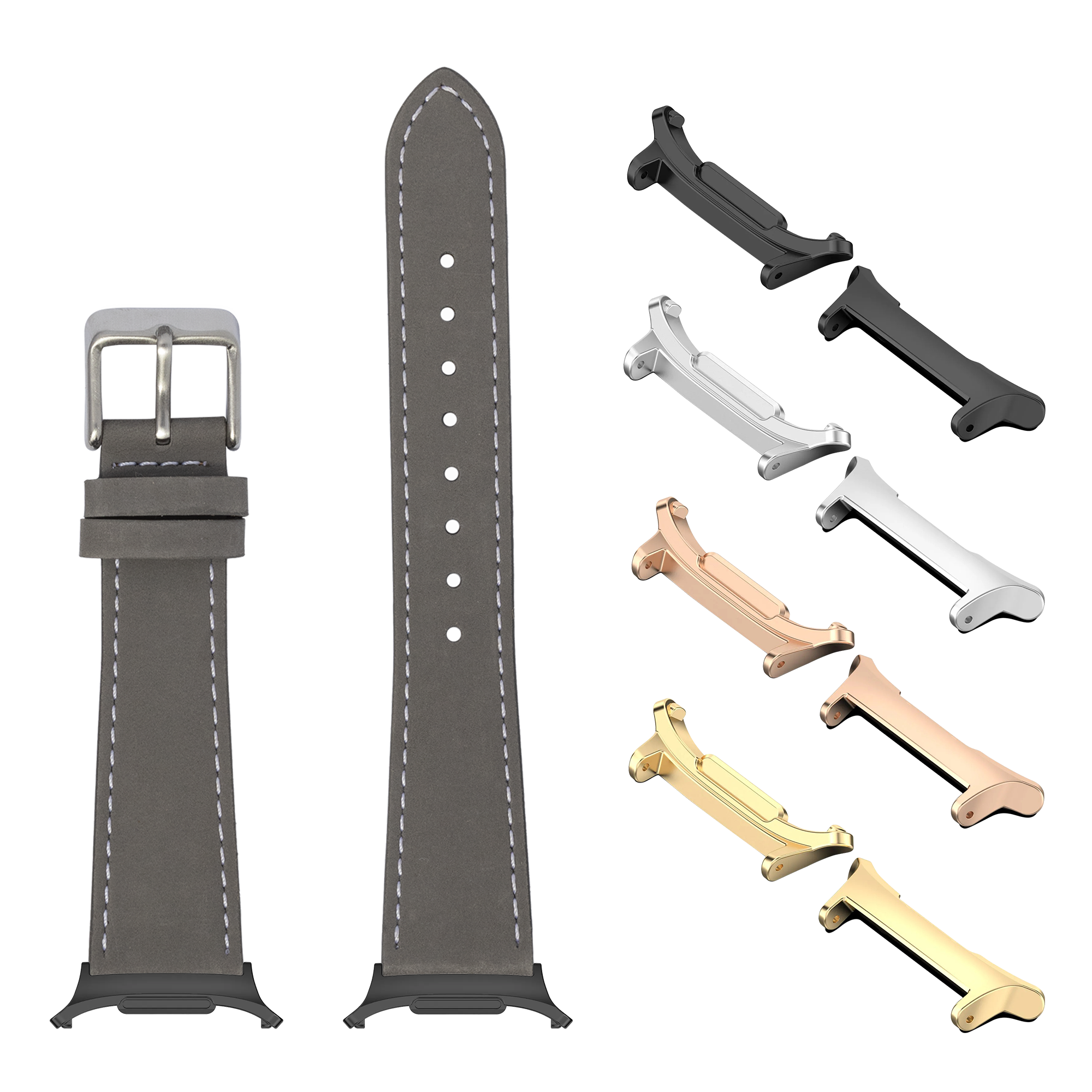 Grey nubuck leather watch band with white stitching, silver buckle, and interchangeable metal lugs in silver, black, rose gold, and gold finishes