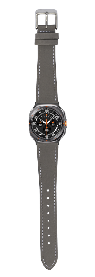Grey nubuck leather smartwatch band with white stitching and silver buckle for Galaxy Watch 8 Ultra