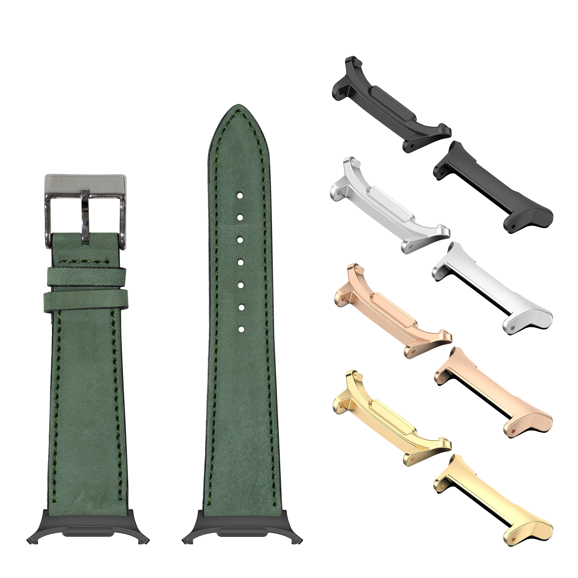Mint green nubuck leather watch band with steel buckle, interchangeable lugs in silver, black, rose gold and gold finishes for Galaxy Watch 8 and Ultra