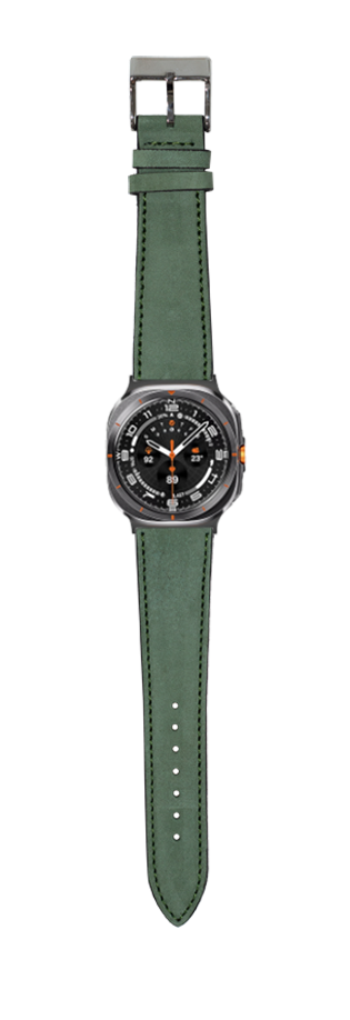 Mint green nubuck leather watch band for Galaxy Watch 8 and Ultra with gunmetal buckle and black dial face
