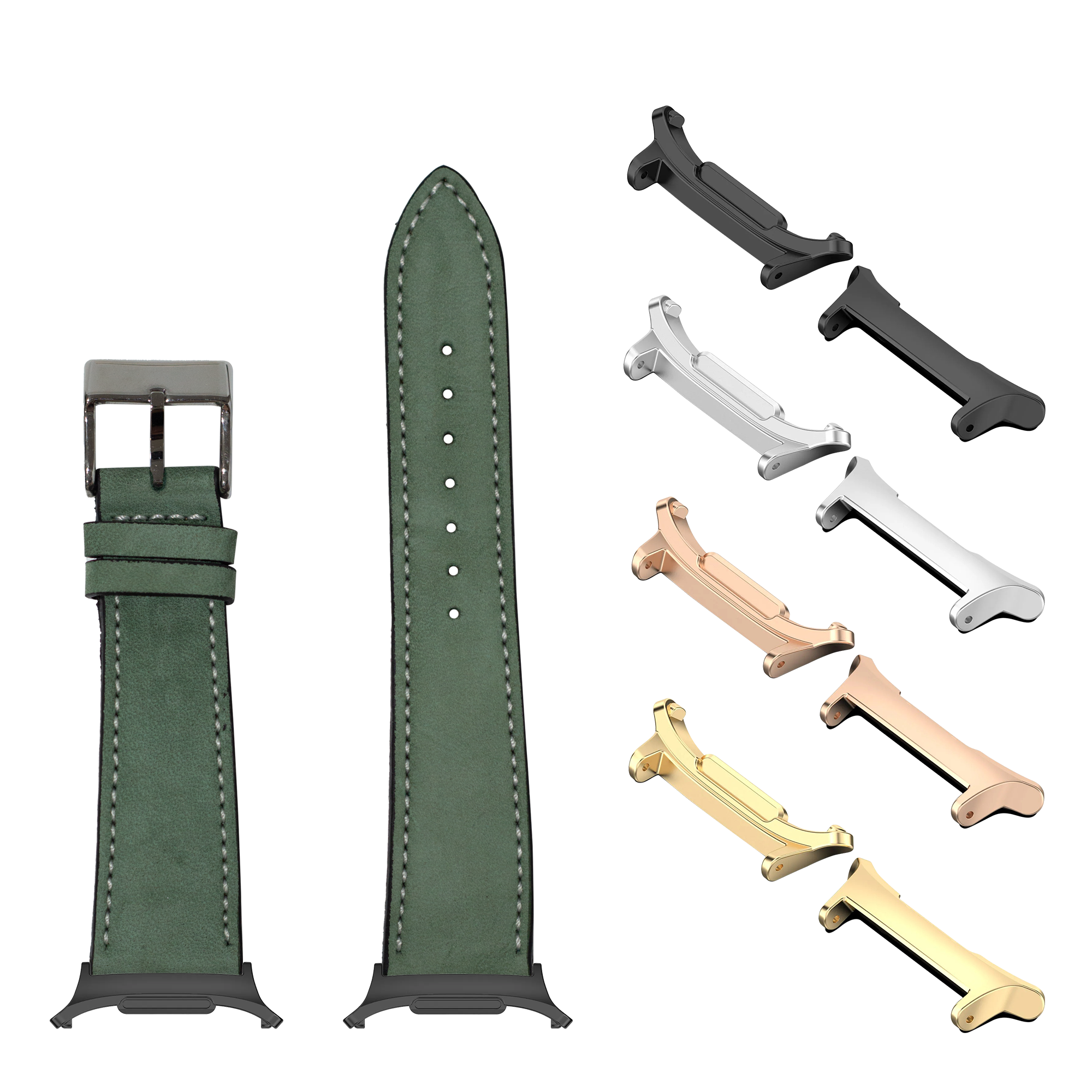 Mint green nubuck leather Apple Watch band with white stitching and interchangeable metal lugs in silver, black, rose gold and gold finishes