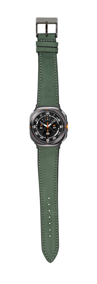 Military-style watch with mint green nubuck leather strap and white stitching, black dial with orange accents