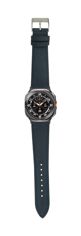 Navy blue nubuck leather watch band with silver buckle and black sport watch face with orange accents