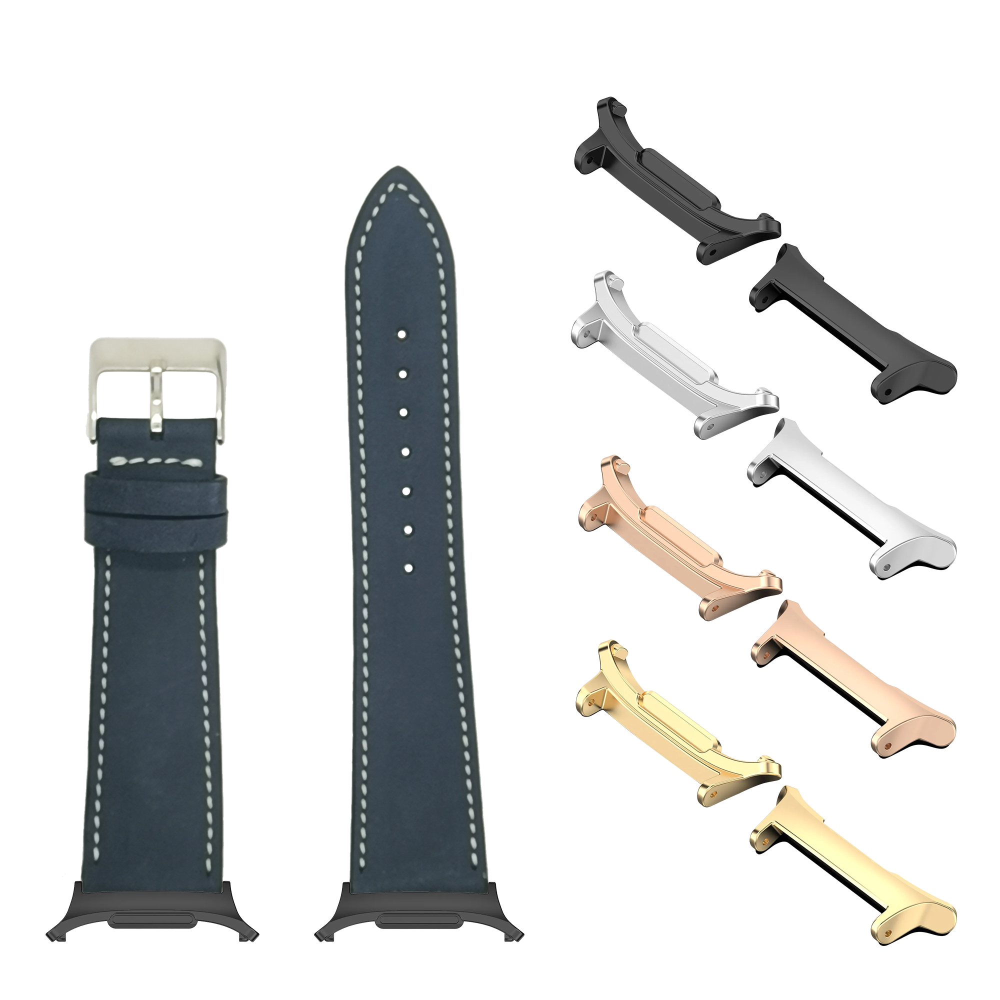 Navy blue nubuck leather watch band with white stitching, includes interchangeable metal lugs in silver, rose gold, and gold finishes
