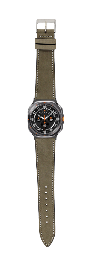 Olive green nubuck leather smartwatch band with white stitching and stainless steel buckle for Galaxy Watch 8 Ultra