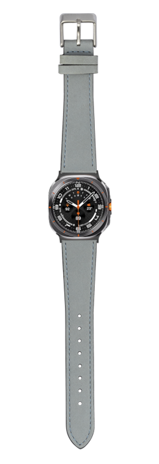 Men's smartwatch with sky blue nubuck leather strap and black dial with orange accents