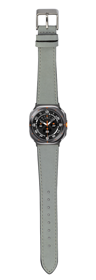 Men's smartwatch with black dial, orange accents, and sky blue nubuck leather strap with white stitching