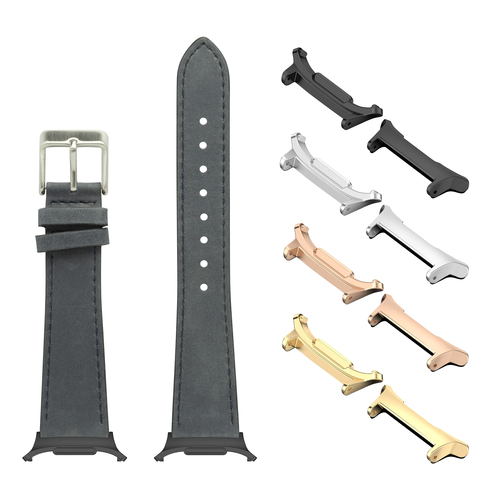 Galaxy Watch 8 Ultra slate grey nubuck leather band with interchangeable metal buckles in silver, black, rose gold, and gold finishes