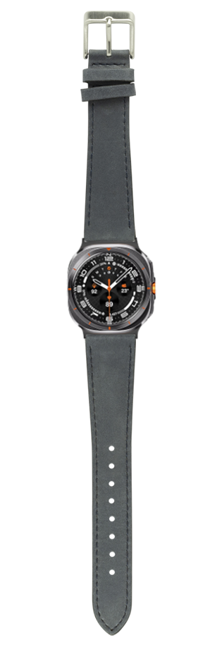 Slate grey nubuck leather watch band with silver buckle and black dial watch featuring orange accents