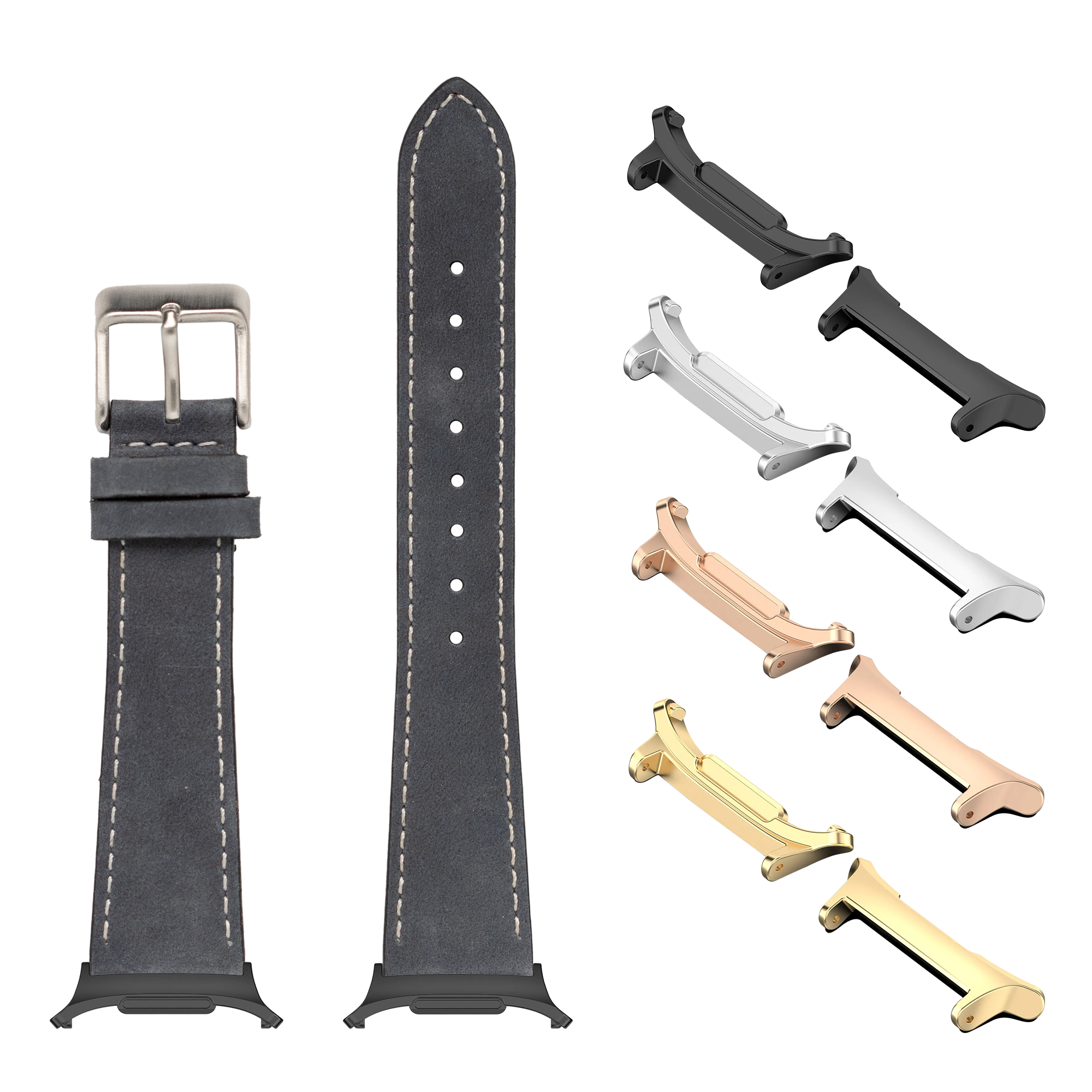 Slate grey nubuck leather watch band with white stitching, silver buckle, and interchangeable metal lugs in black, silver, rose gold and gold finishes