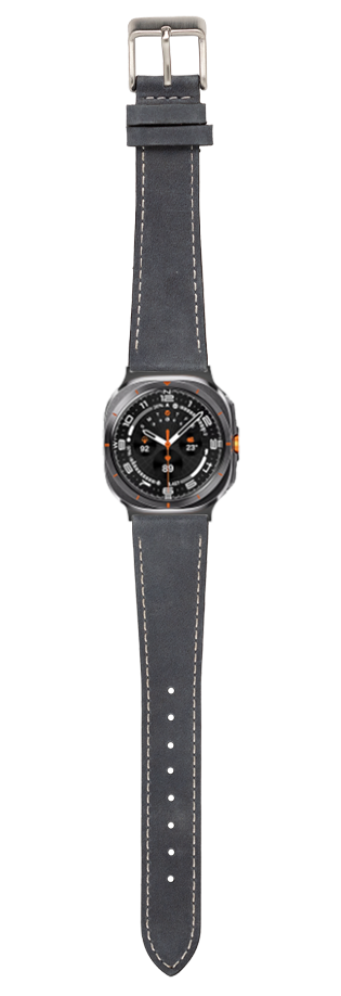 Black nubuck leather smartwatch band with white stitching and stainless steel buckle, displayed on dark dial watch with orange accents