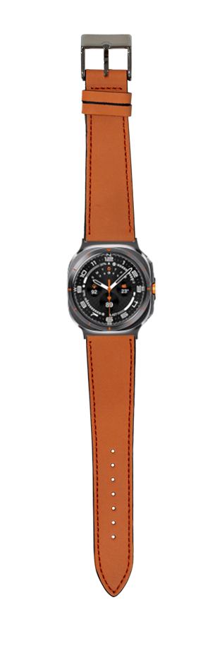 Sunburst orange nubuck leather watch band with gunmetal case and black dial featuring orange accents, displayed flat against white background