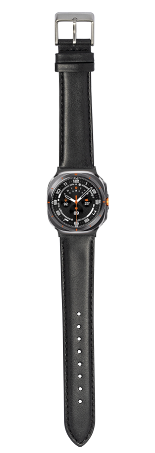 Black leather watch band with stainless steel buckle and square-face sports watch, orange accents, adjustable strap with pin holes