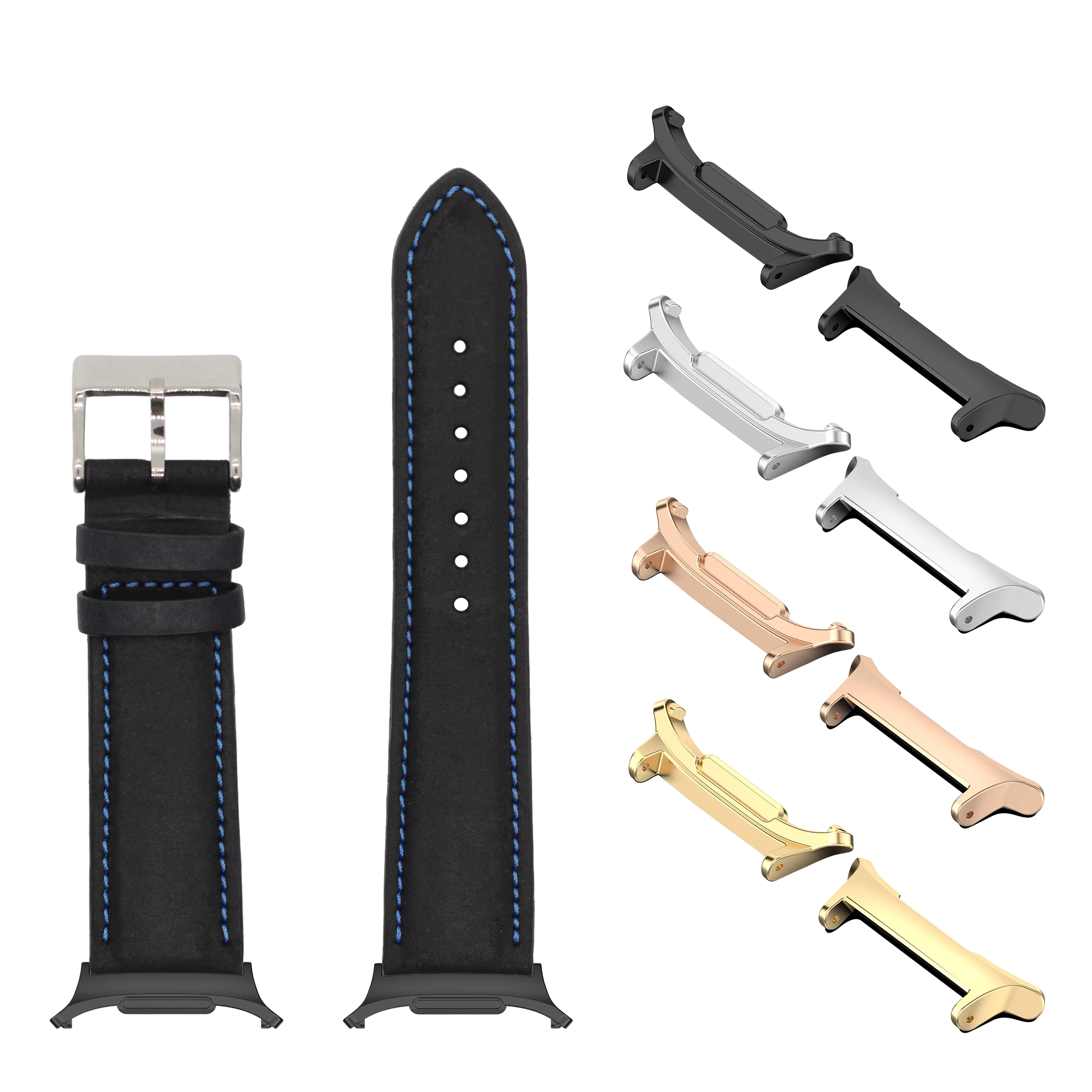 Black padded leather smartwatch band with blue stitching, interchangeable metal adapters in silver, gold, rose gold and black finishes