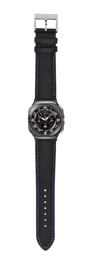 Black leather watch band with blue stitching for Galaxy Watch 8 Ultra, featuring metal buckle and padded design
