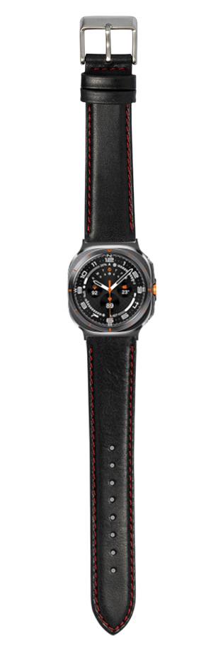 Black leather watch band with red stitching and silver buckle for Galaxy Watch 8/Ultra smartwatch