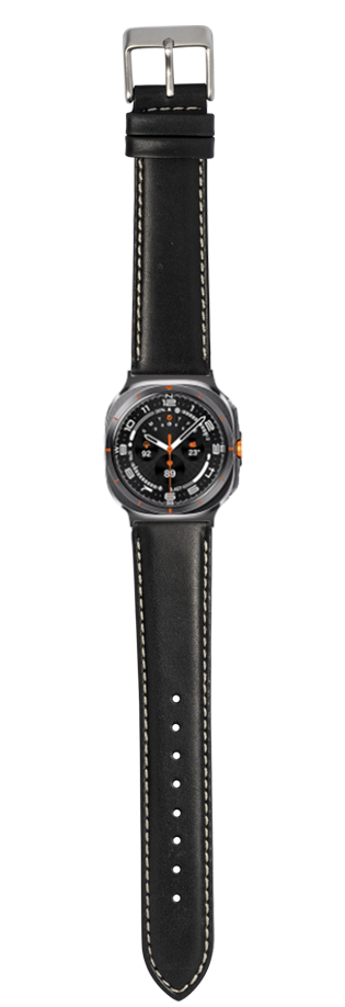 Black leather watch band with white stitching, padded design, silver buckle for Galaxy Watch 8 Ultra