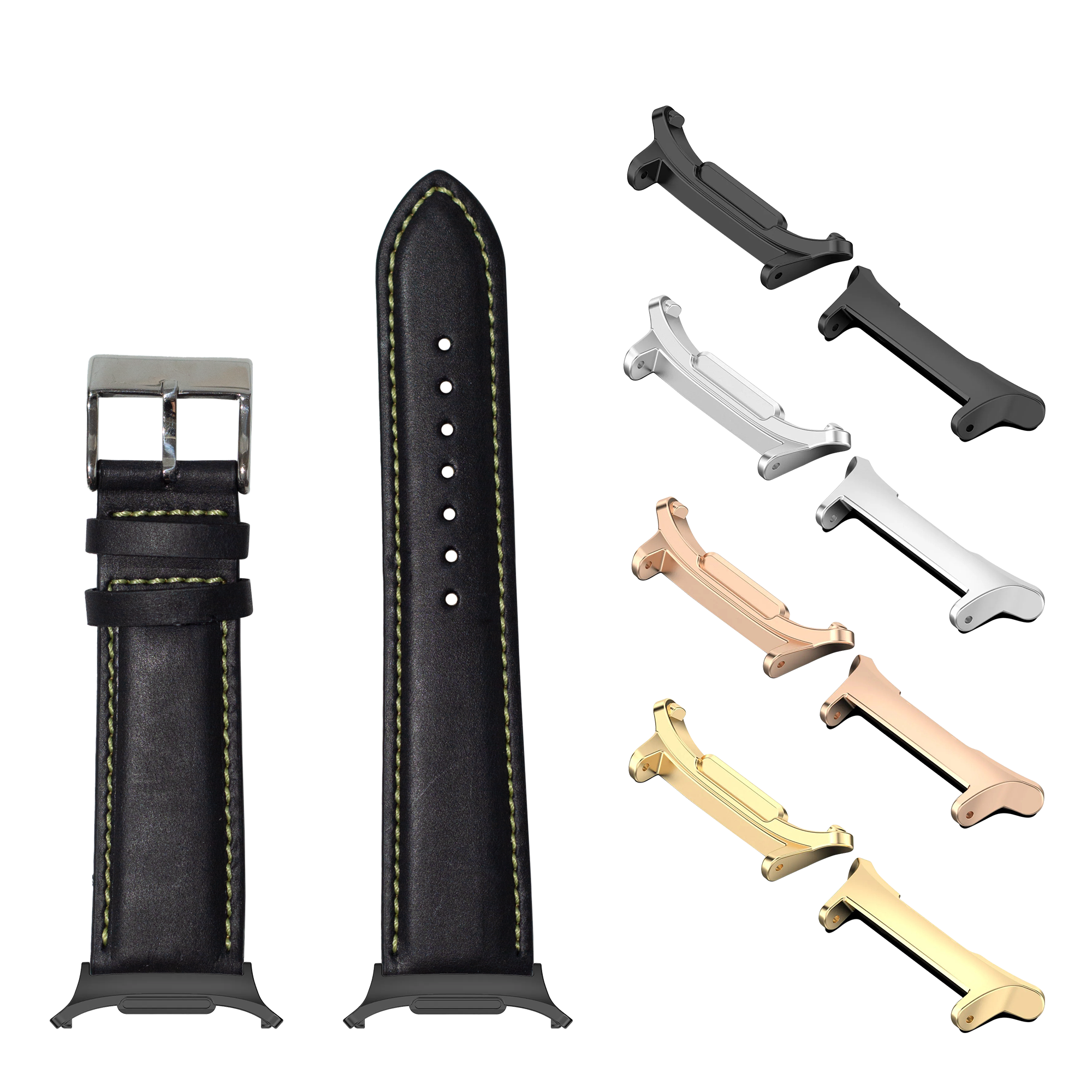 Black padded leather watch band with yellow stitching, metal buckle, and interchangeable lugs in black, silver, rose gold, and gold finishes