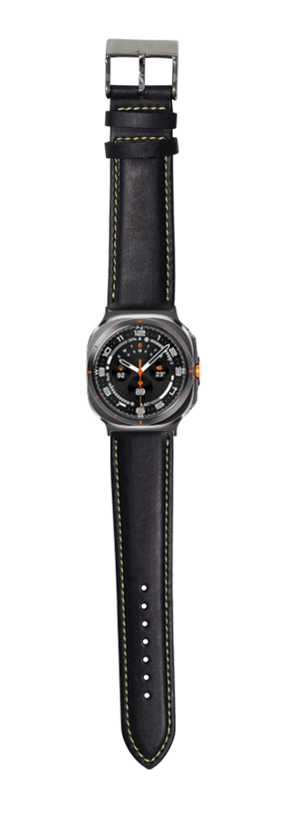 Black leather watch band with yellow stitching for Galaxy Watch 8 Ultra, padded design with metal buckle