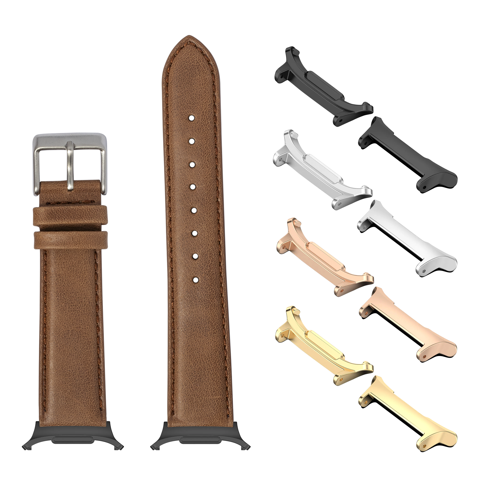 Brown padded leather watch band with silver buckle and interchangeable metal connectors in multiple finishes for Galaxy Watch