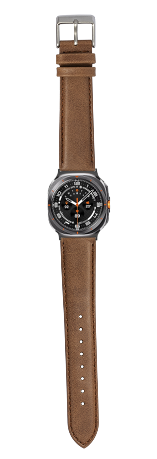 Brown padded leather watch band with gunmetal buckle and black dial sports watch