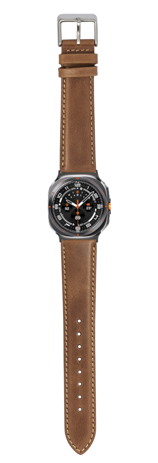 Brown leather watch band with beige stitching for Galaxy Watch 8, padded design with metal buckle