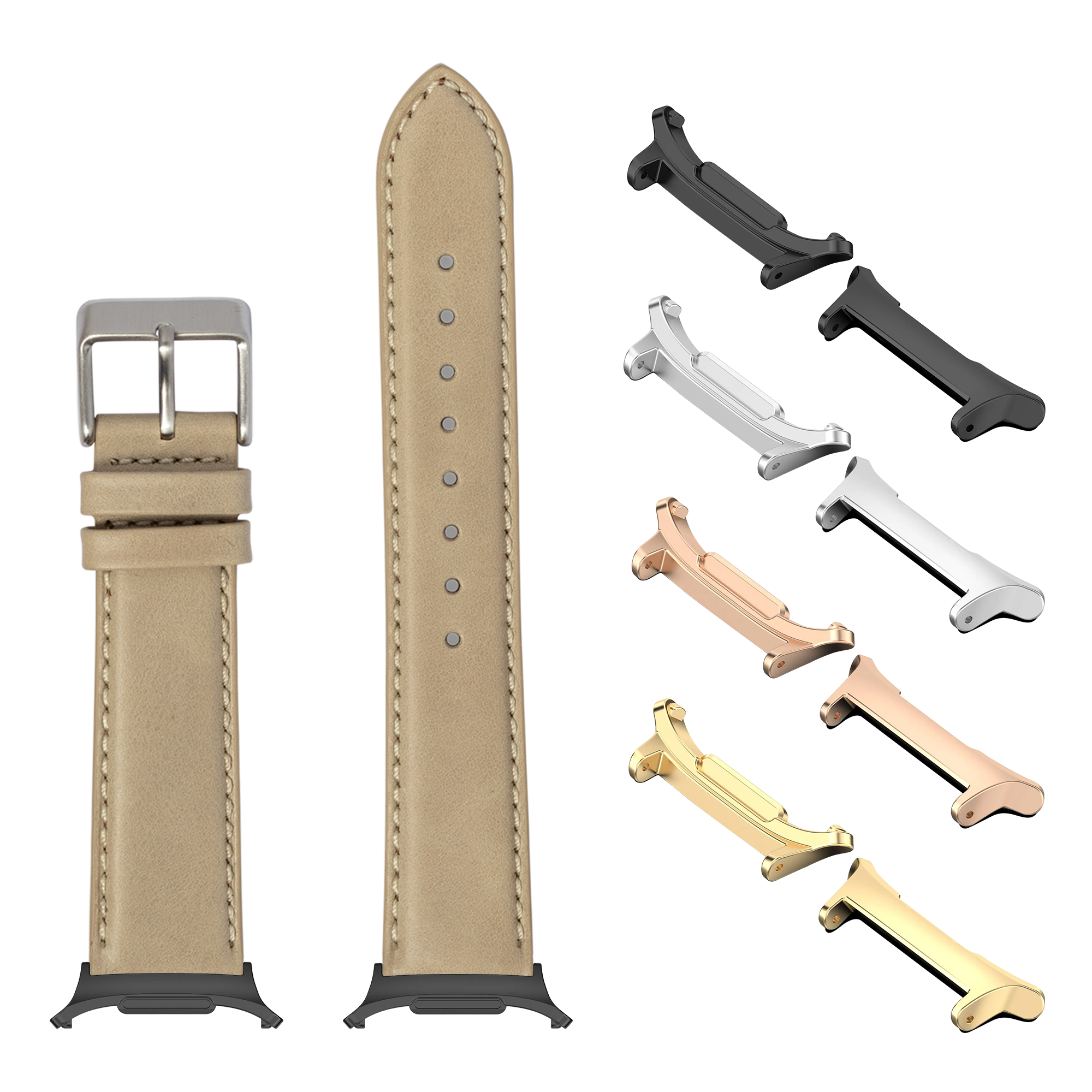 Cream padded leather watch band with silver buckle and interchangeable metal adapters in black, silver, rose gold, and gold finishes
